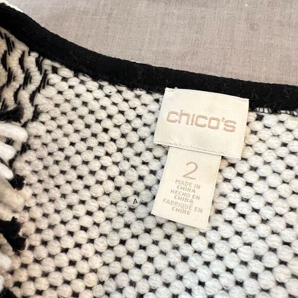 Chico's Gigi Black White Wool Blend Textured Knit Fringe Cardigan Vest Size 2 - Picture 7 of 9